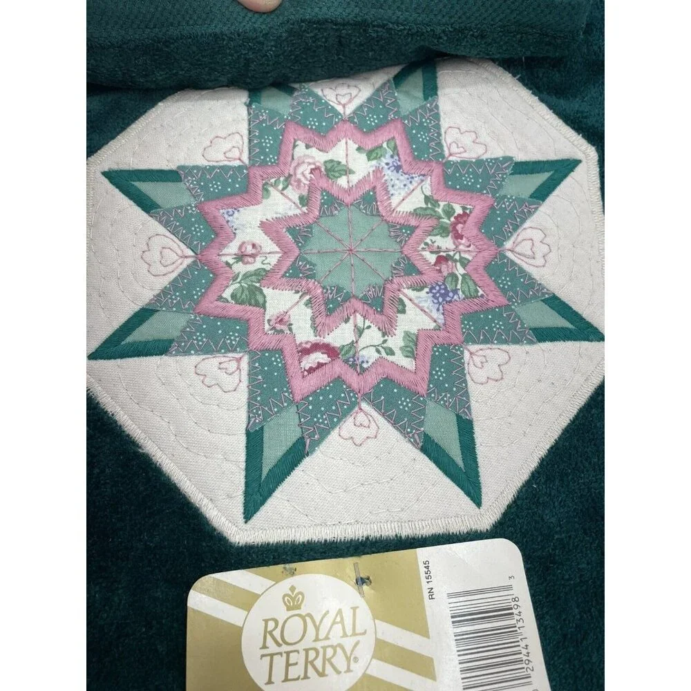 Vintage Royal Terry 3 Pc Bath Towel Set Ensemble Quilted Star Embroidered Green